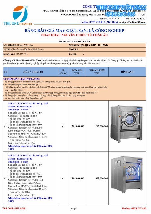 Báo giá máy giặt công nghiệp Tolkar